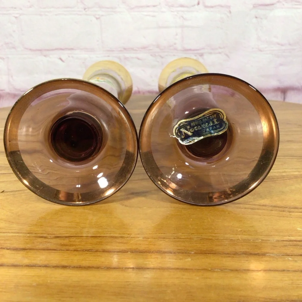 Vintage Norcrest Purple Amethyst Hand Painted Glass Vase Pair